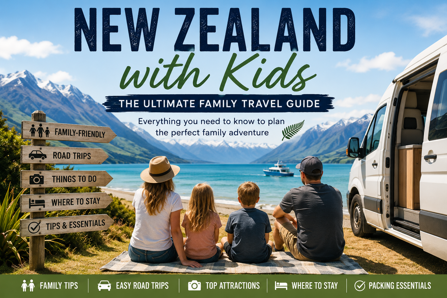 Family enjoying a lakeside picnic beside a campervan overlooking a stunning alpine lake and mountains in New Zealand.