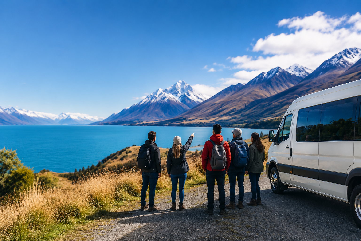 Group of travellers admiring a turquoise lake and snow-capped mountains in New Zealand beside a guided tour van.