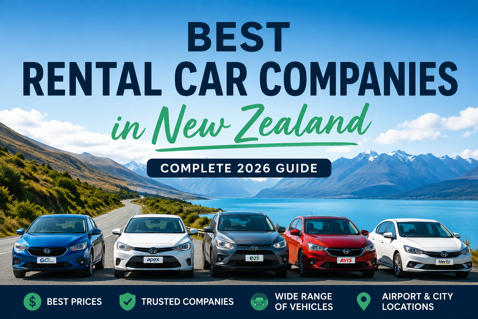 Rental car parked beside a scenic lake and mountain road in New Zealand, representing the best rental car companies for travellers exploring the country.