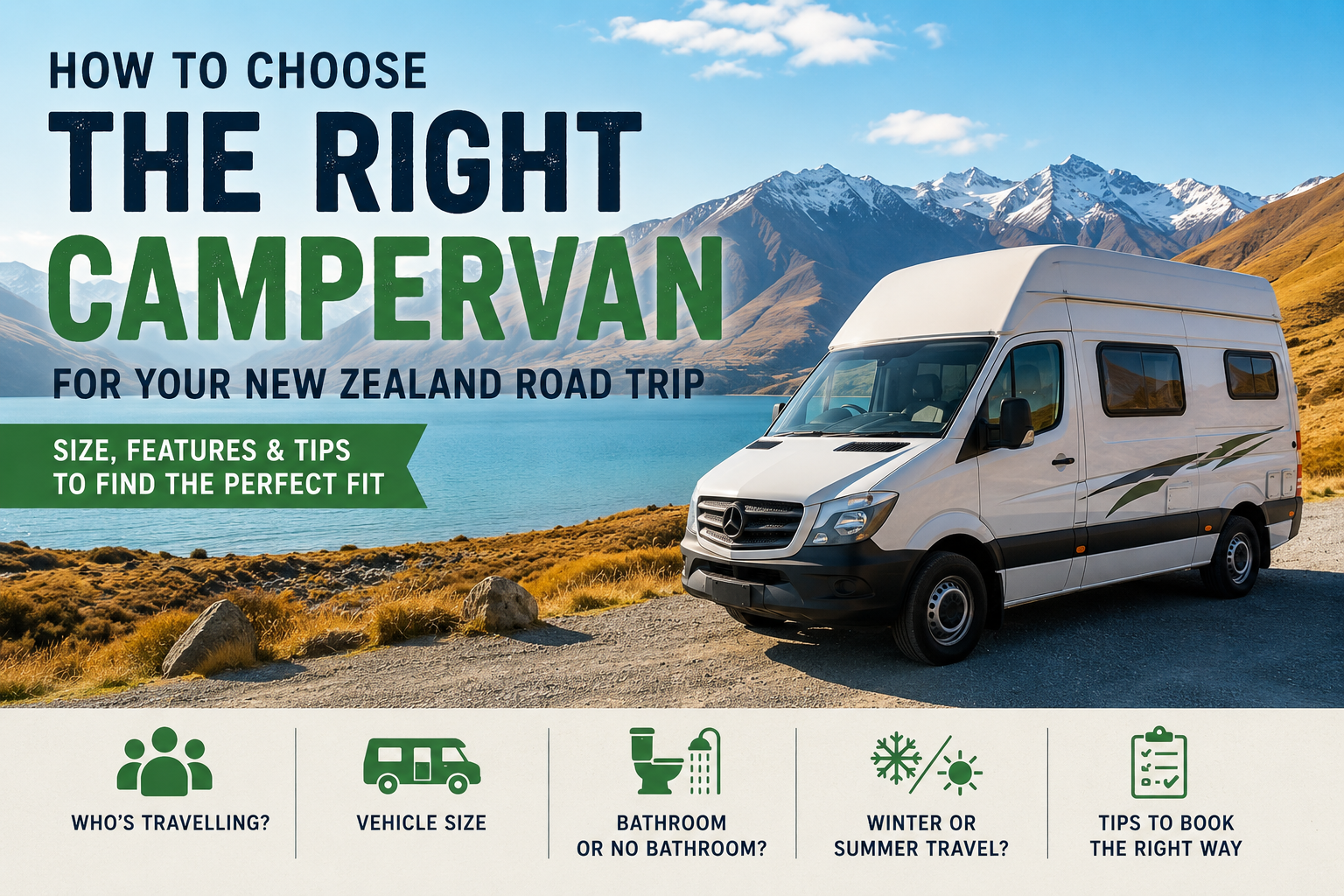 Modern campervan parked beside a turquoise alpine lake with snow-capped mountains in New Zealand, illustrating campervan travel and road trips.