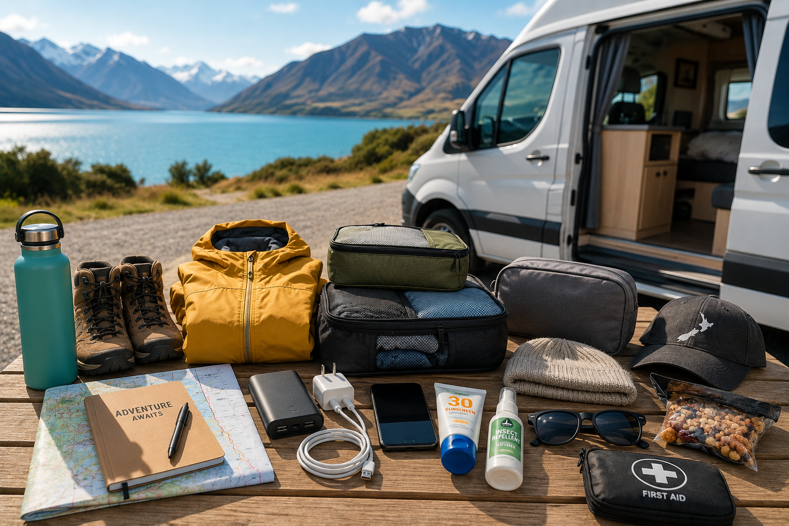 Travel essentials neatly packed on a table beside a campervan overlooking a turquoise lake and mountains in New Zealand, including hiking boots, packing cubes, reusable water bottle and road trip gear.